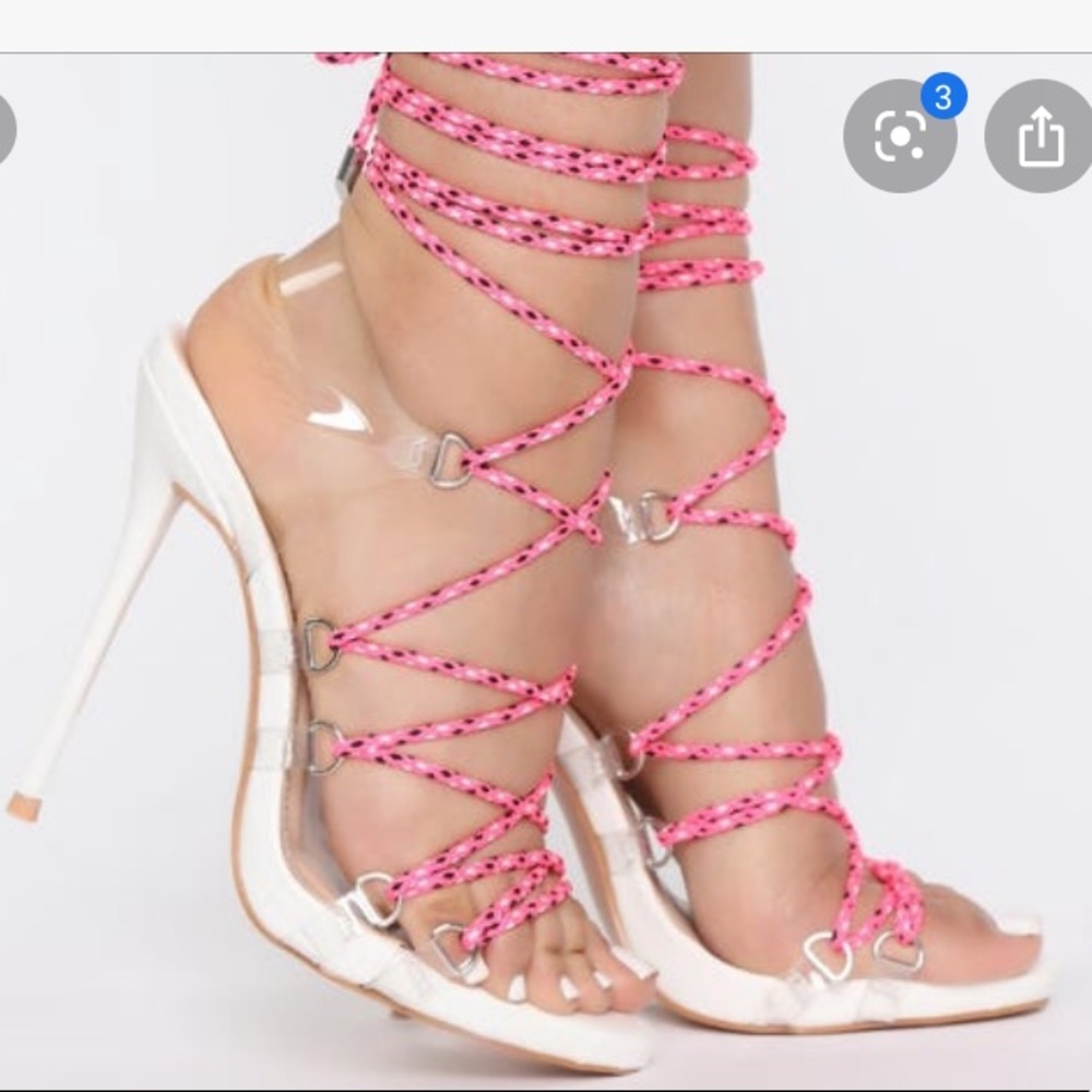 Fashion Nova white patent pink up leg sandals